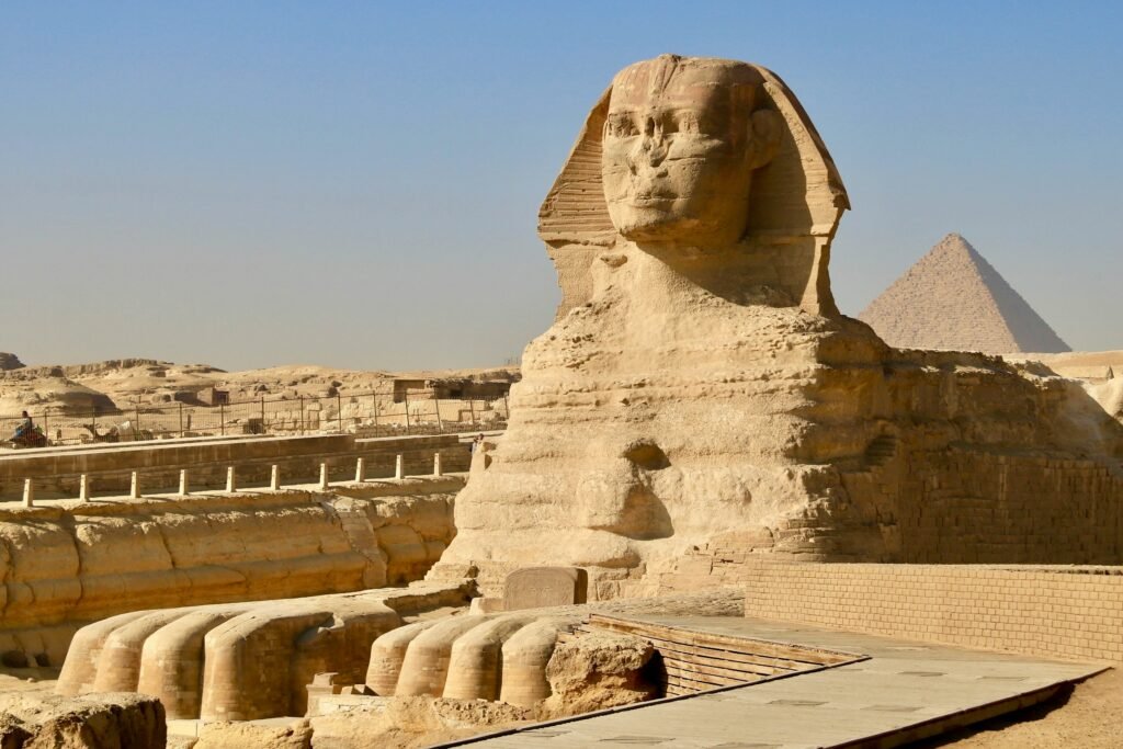 The Great Sphinx of Giza, with the body of a lion and the head of a human (thought to represent Pharaoh Khafre), is a symbol of ancient Egypt.